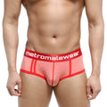MetroMalewear oriental brief orange with coral textured fabric and bold red waistband with white logo lettering
