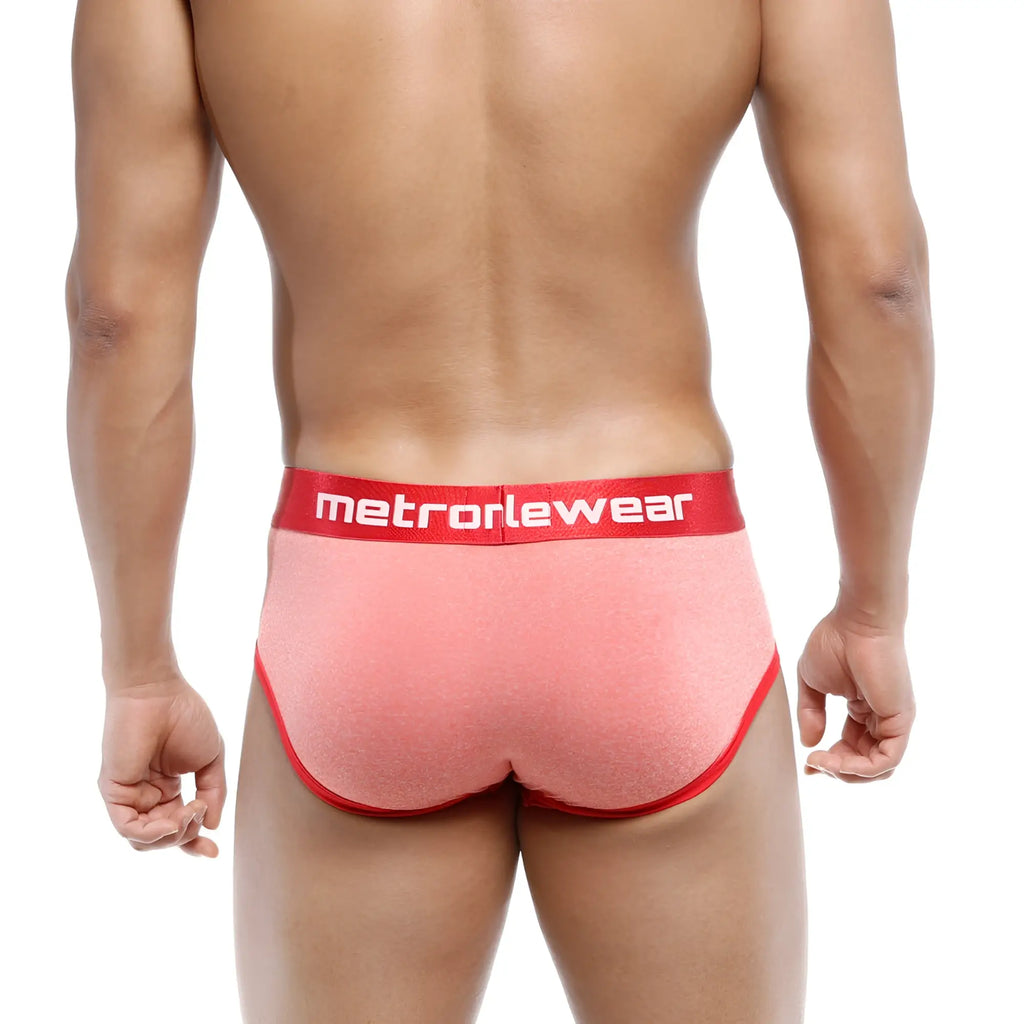 Pink metromalewear oriental briefs with textured fabric and red trim featuring a matching branded waistband