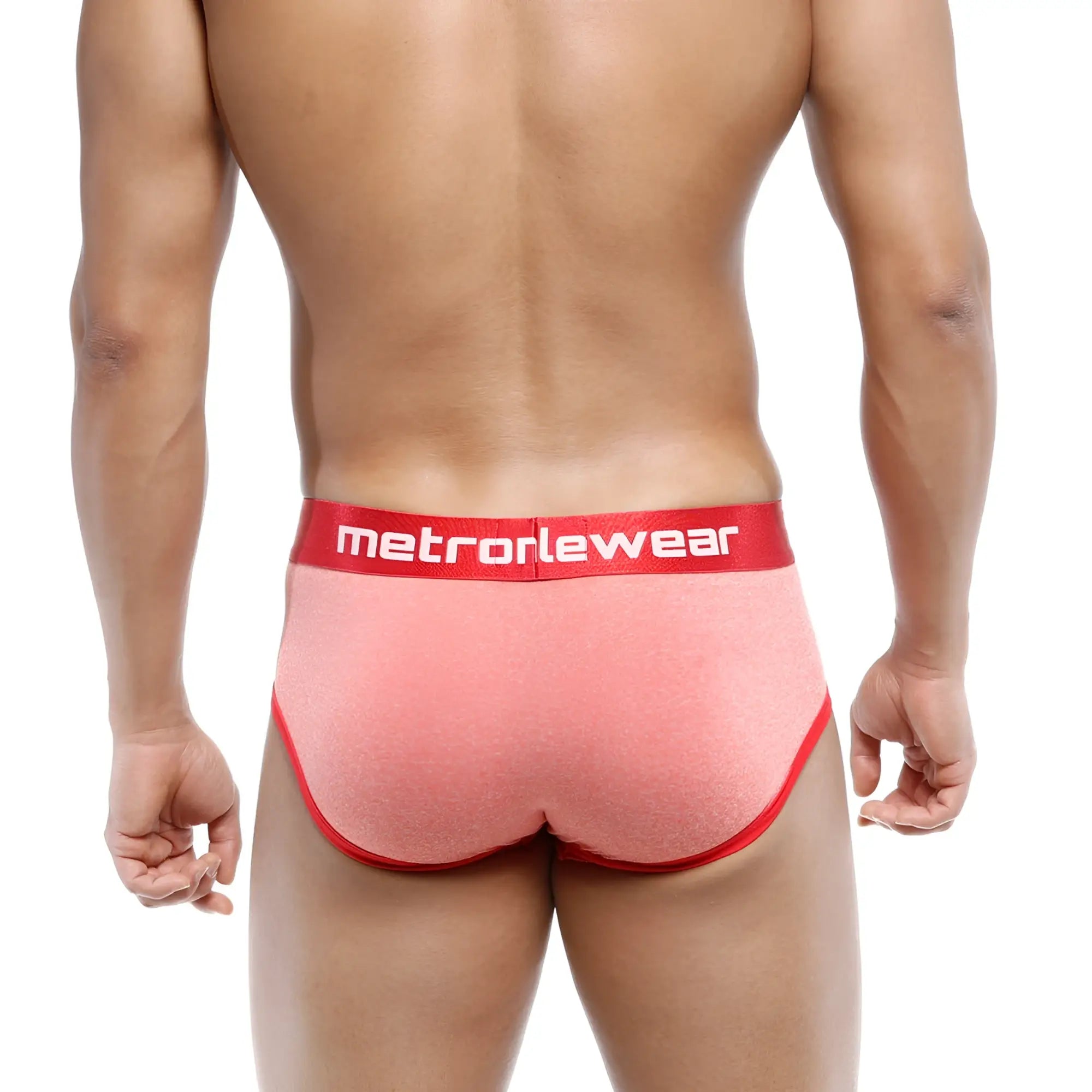 Pink metromalewear oriental briefs with textured fabric and red trim featuring a matching branded waistband