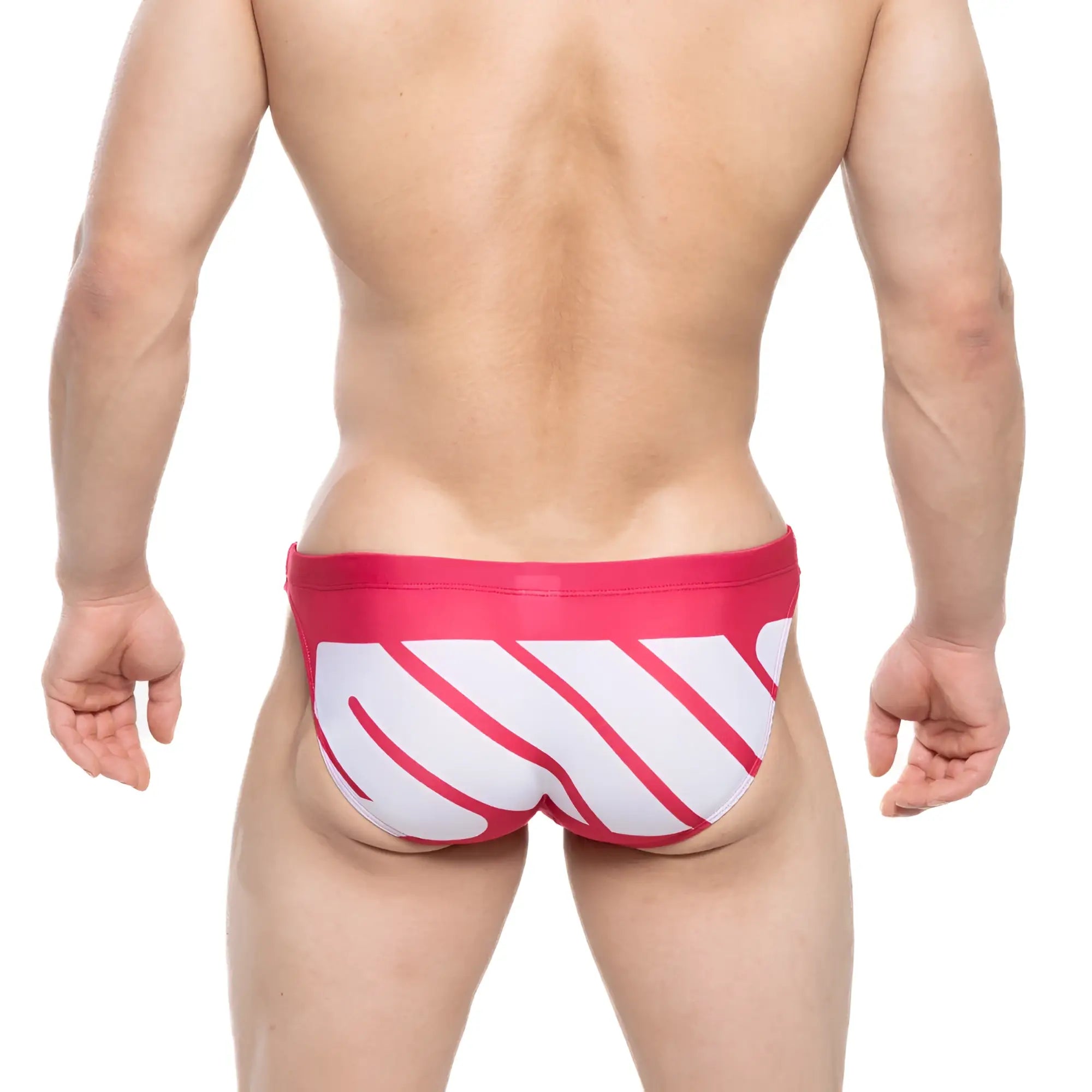 Metro male wear original swim bikini logo 4937-93 bright pink and white striped swim trunks with bold modern design