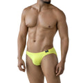 Bright yellow metro malewear oro bikini briefs with black logo waistband designed for comfortable men’s underwear