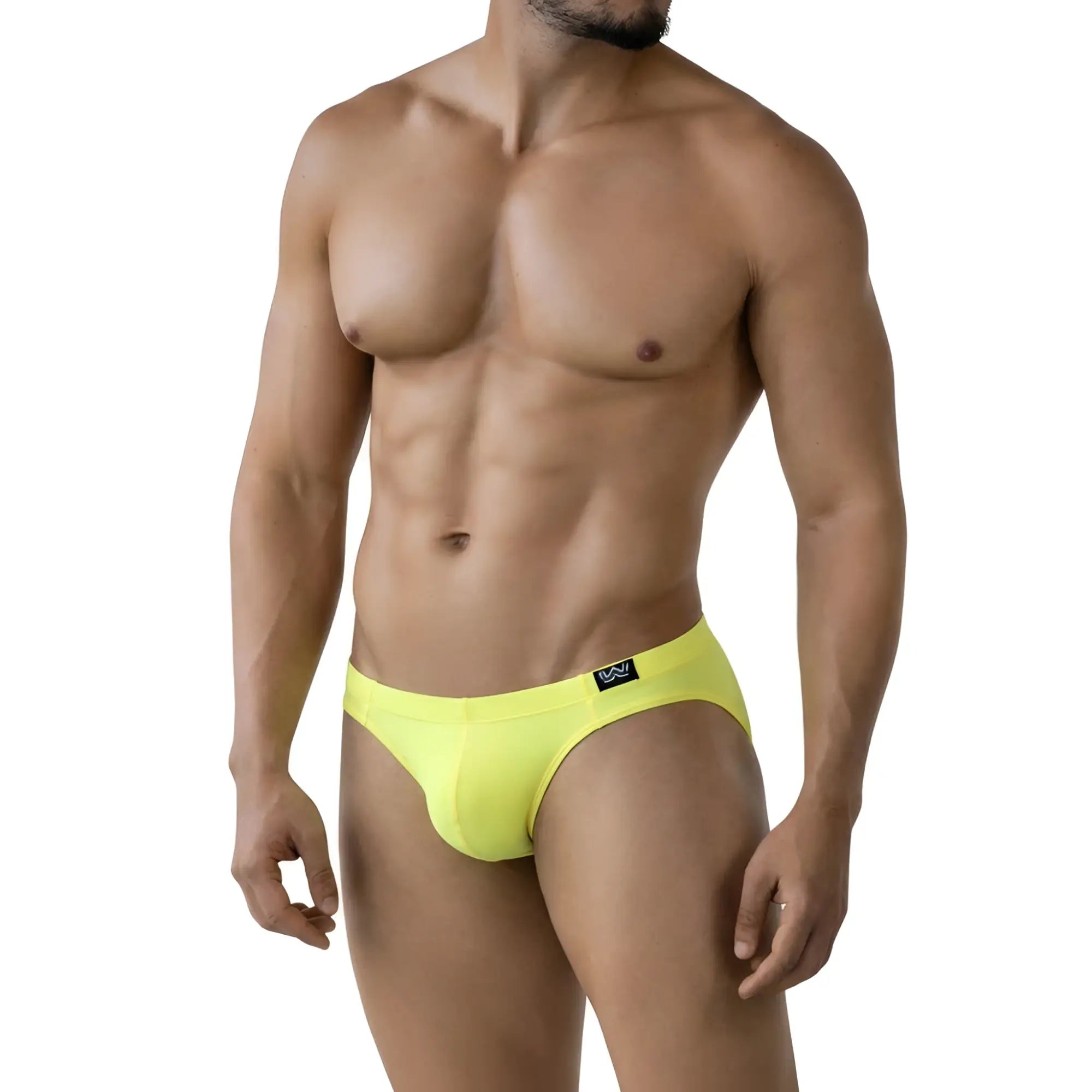 Bright yellow metro malewear oro bikini briefs with black logo waistband designed for comfortable men’s underwear
