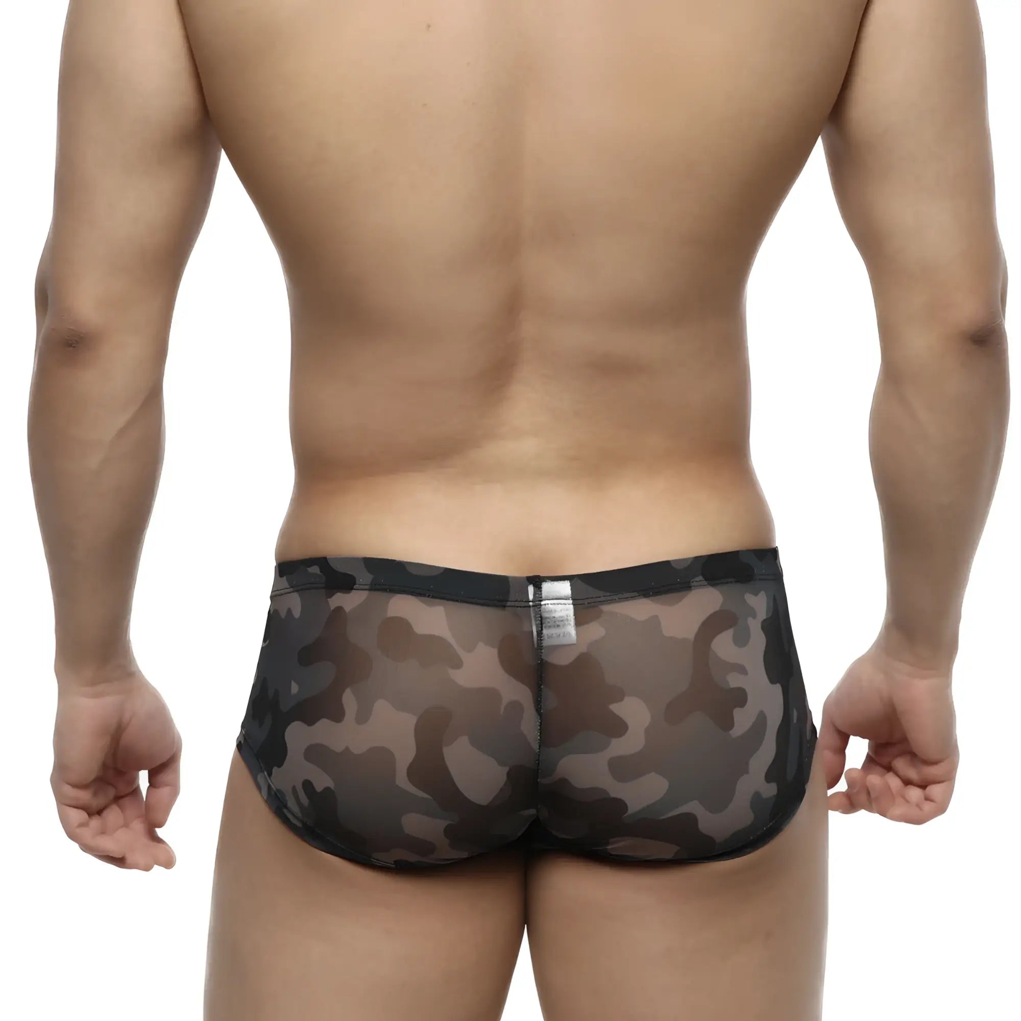 Black and brown camouflage-patterned sheer mesh briefs metro male wear oscar boxer camoflague 2125-93 front view