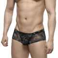 Black and gray camouflage mesh briefs with a sleek form-fitting design from MetroMaleWear Oscar Boxer Camouflage 2125-93