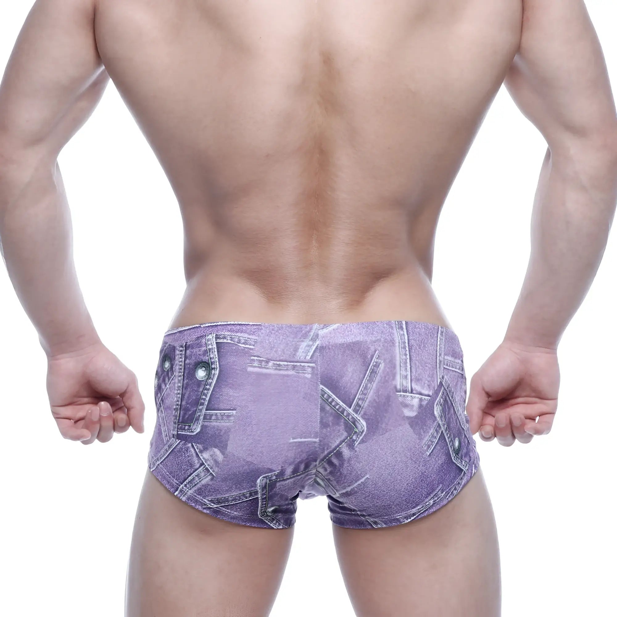 Purple denim-patterned tailored fit men’s briefs with stitched pocket details from MetroMaleWear Oscar Boxer Denim