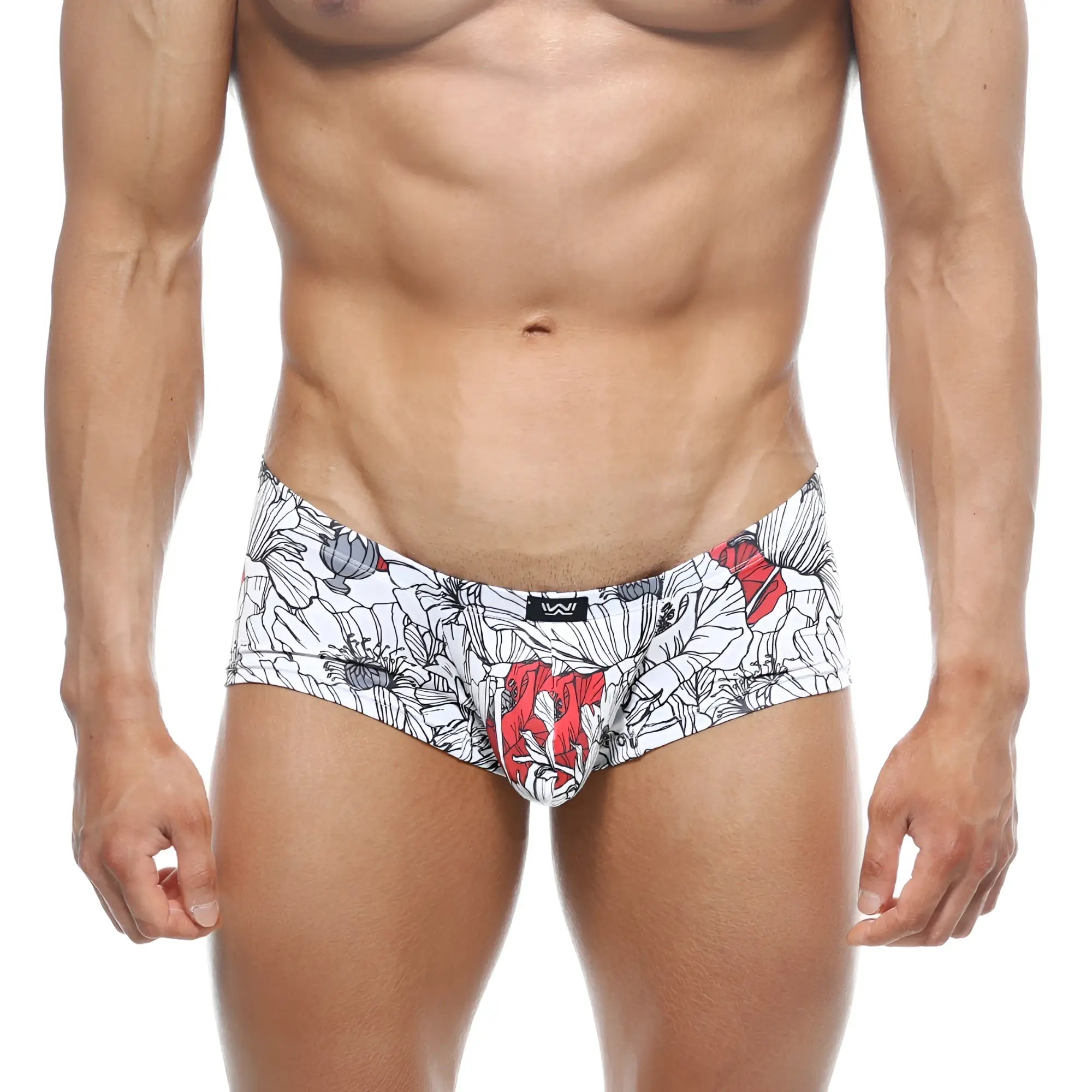 White briefs metroMalewear Oscar boxer Escobar 2125-09 with bold black and red floral pattern and black waistband logo
