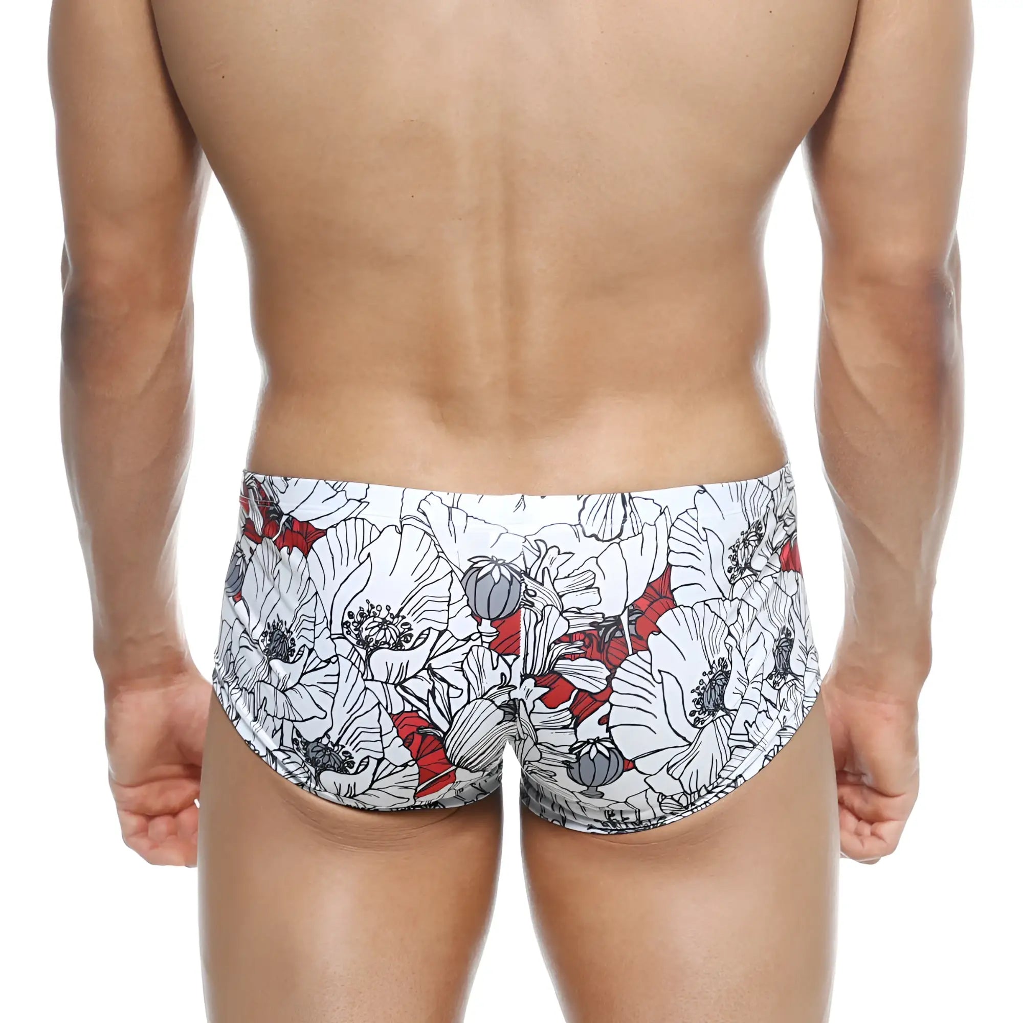 White swim trunks metroMalewear oscar boxer escobar 2125-09 with bold floral pattern black outlines and red accents