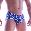 Blue and white geometric patterned men’s briefs with bold hexagonal design metroMaleWear Oscar boxer honeycomb 2125-61