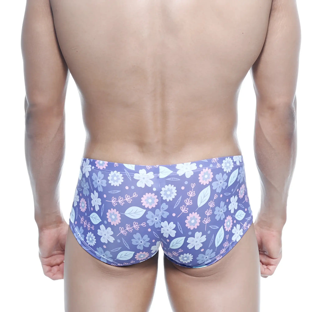 MetroMaleWear Oscar Boxer Jardin 2125-44 purple floral swim trunks with light pink white blossoms green leaves on stretchy fabric