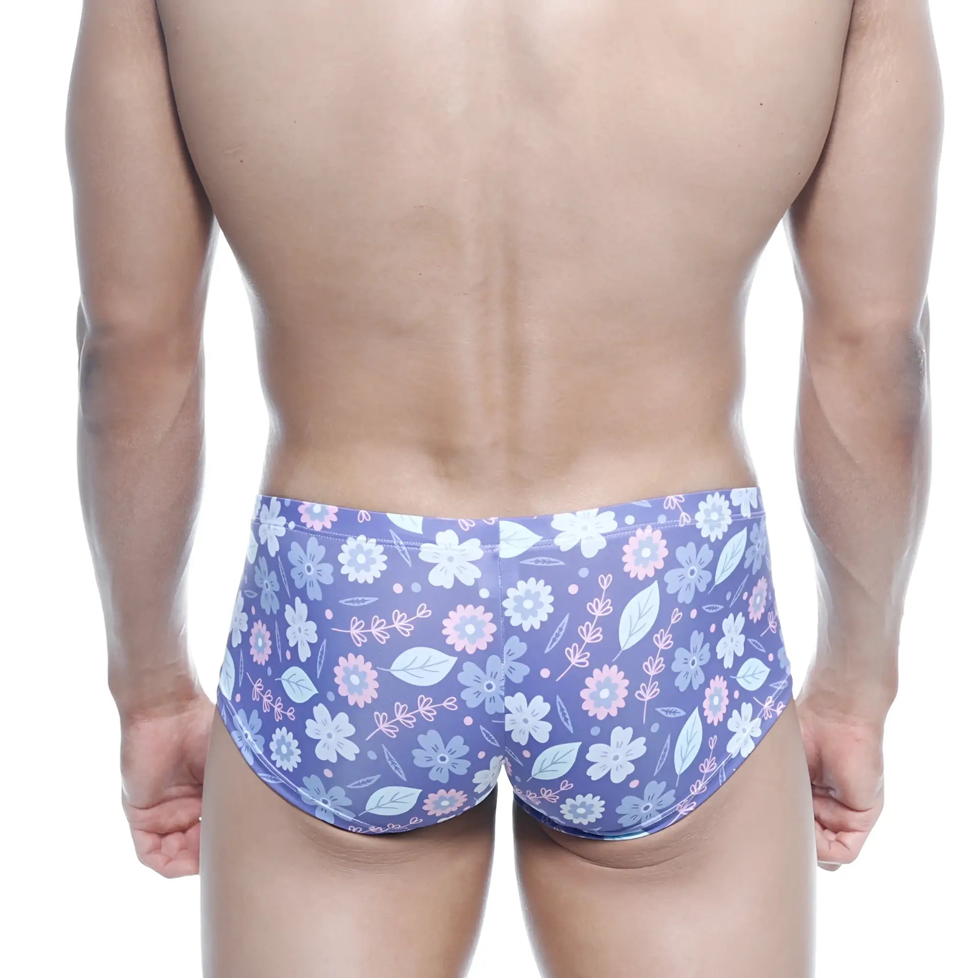 MetroMaleWear Oscar Boxer Jardin 2125-44 purple floral swim trunks with light pink white blossoms green leaves on stretchy fabric