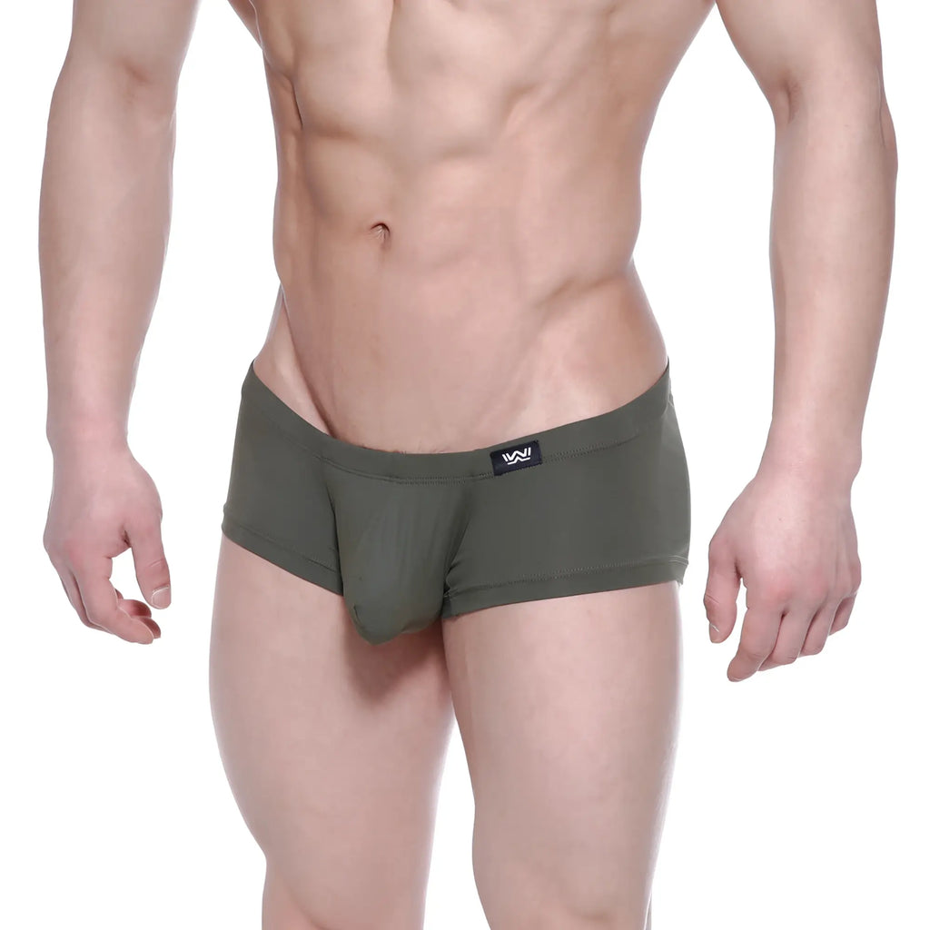 Olive green men’s briefs with a black logo tag on the waistband from metromalewear oscar boxer khaki 2125-26