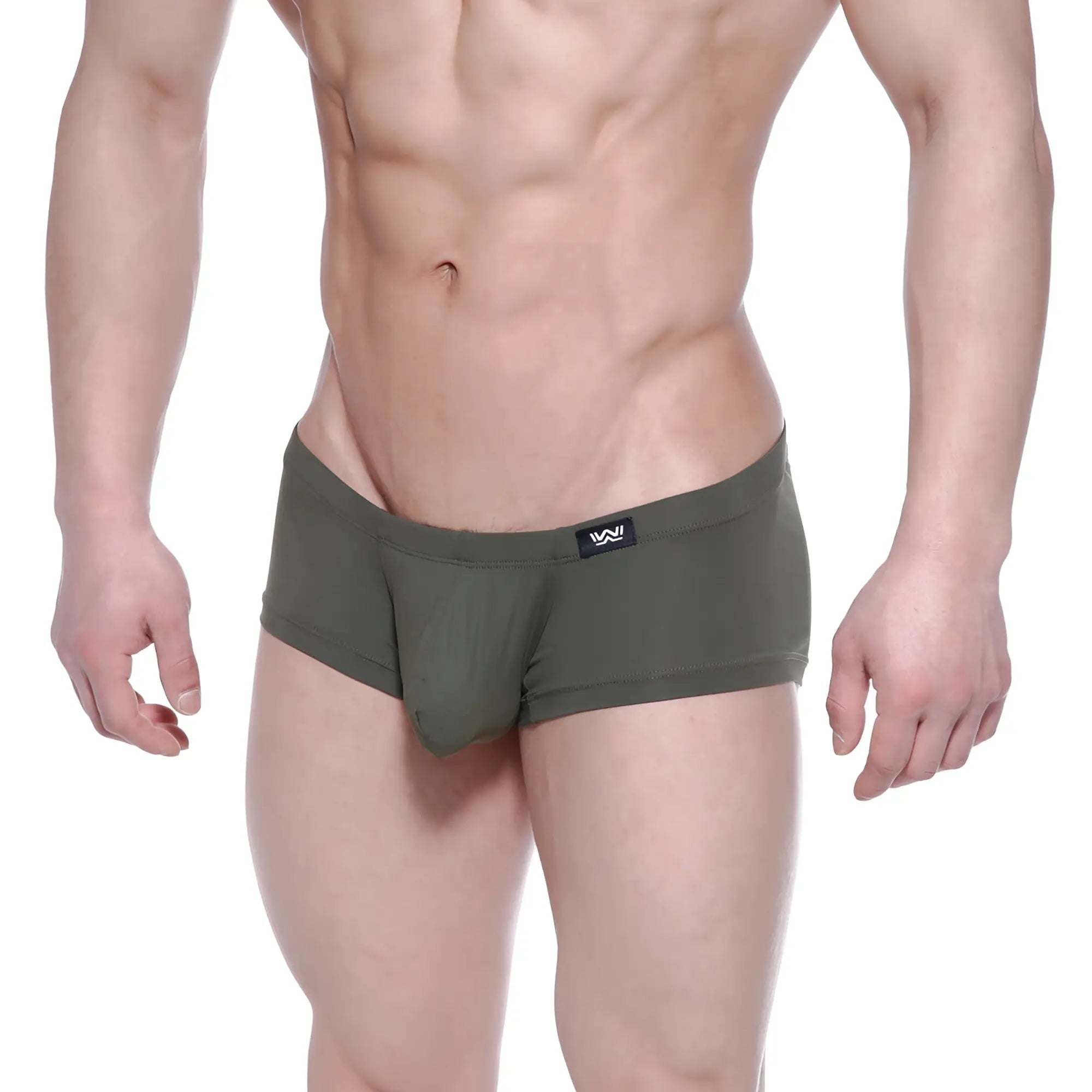 Olive green men’s briefs with a black logo tag on the waistband from metromalewear oscar boxer khaki 2125-26