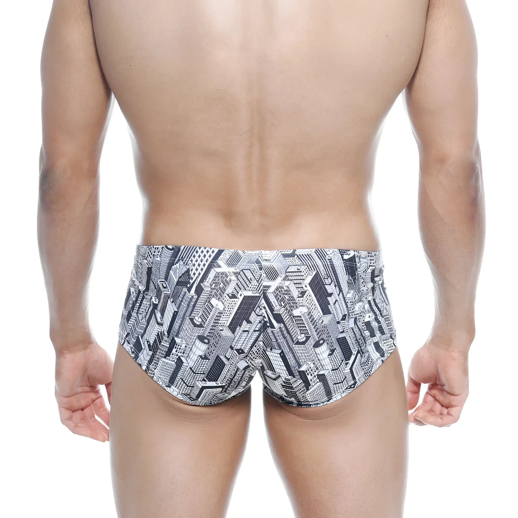 Black and white graphic swim trunks with detailed cityscape pattern by metromalewear oscar boxer metro 2125-48