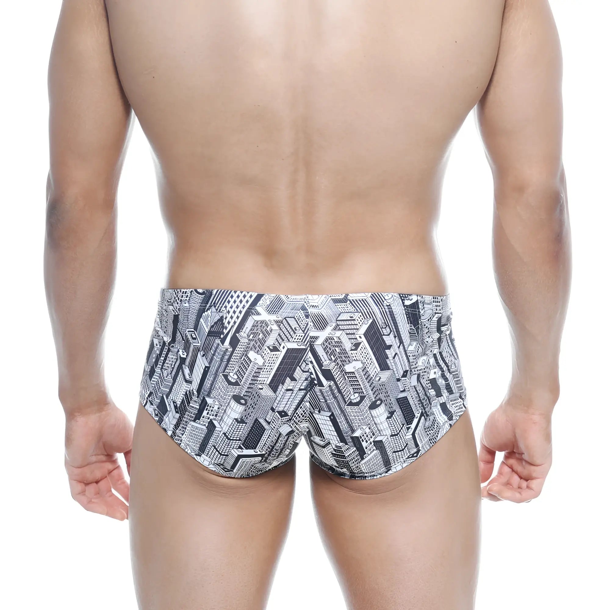Black and white graphic swim trunks with detailed cityscape pattern by metromalewear oscar boxer metro 2125-48