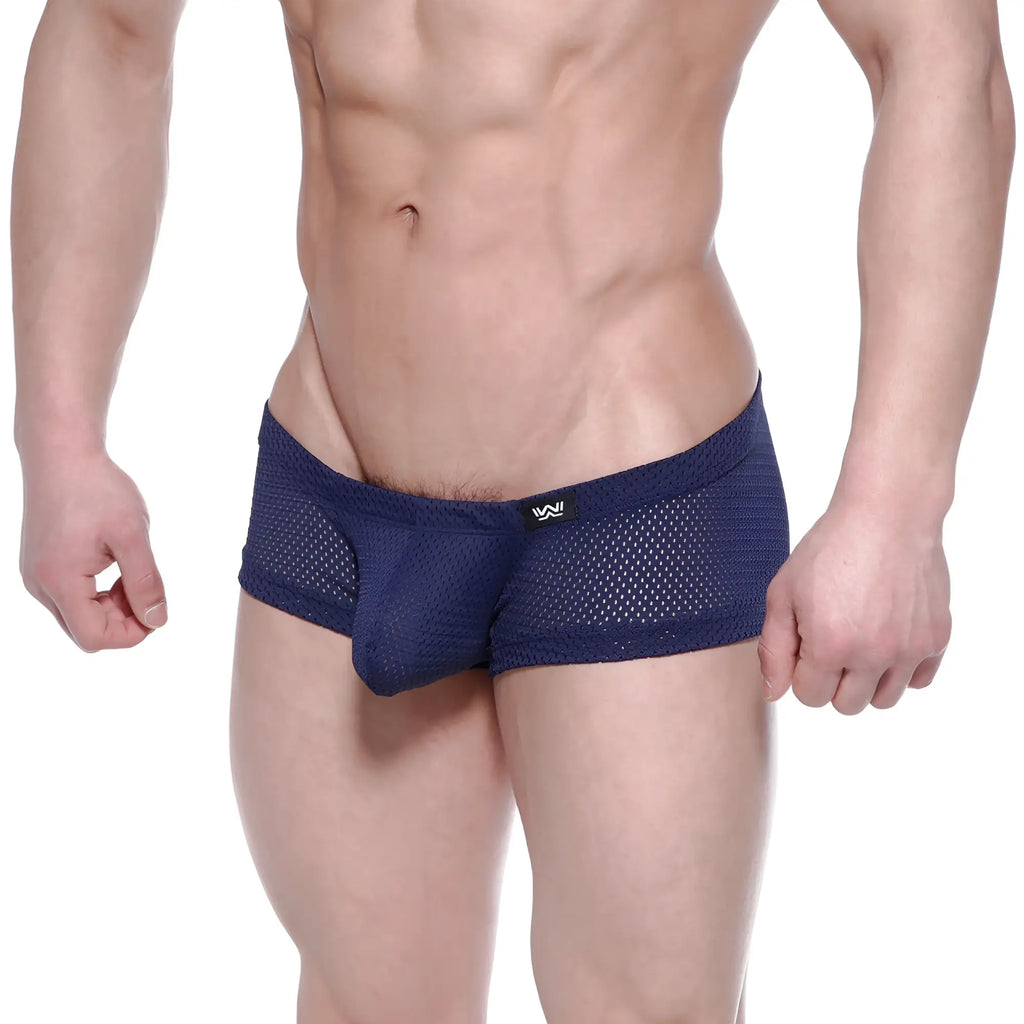 Navy blue mesh briefs with subtle MetroMaleWear logo on the waistband from Oscar Boxer 2125-28 collection