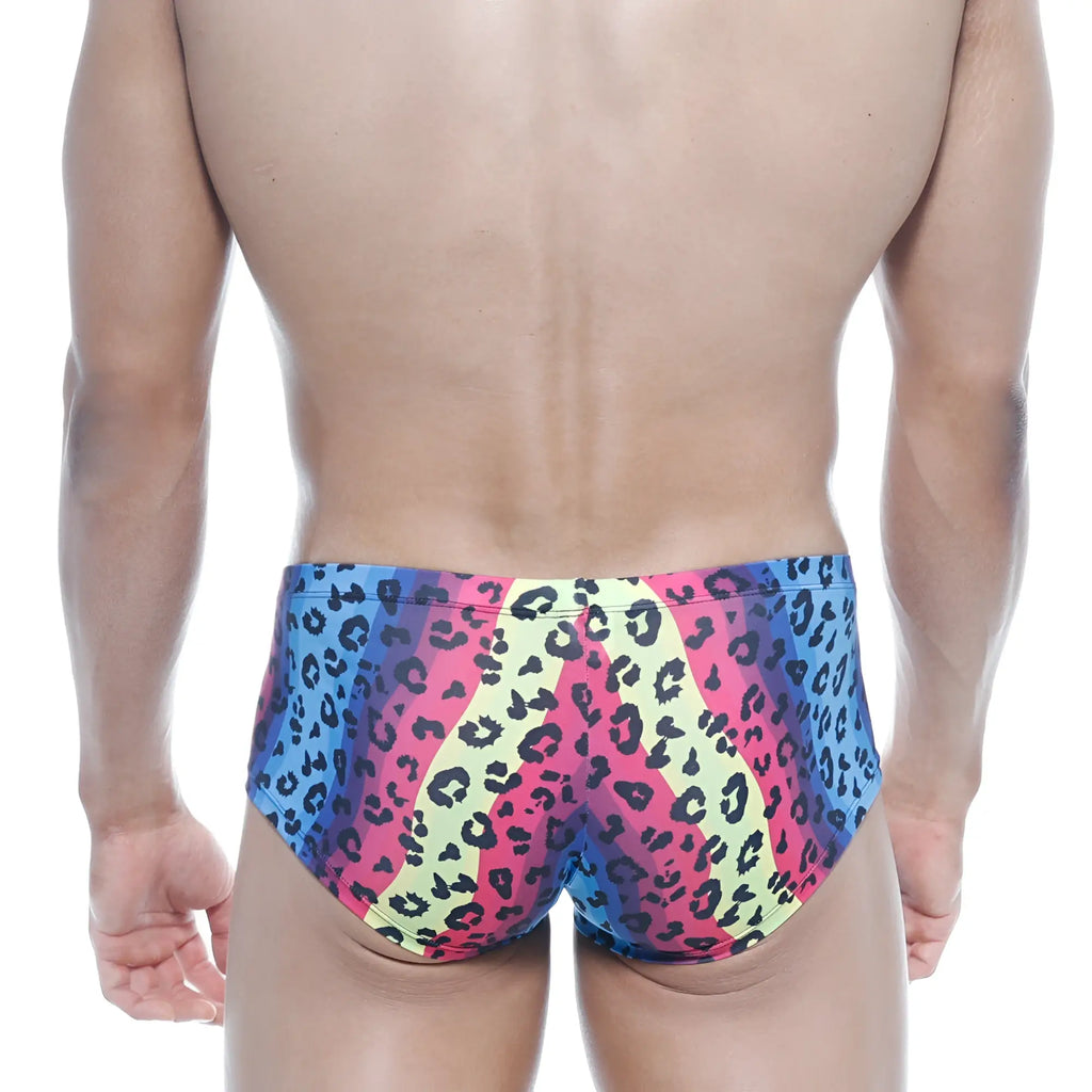 MetroMaleWear Oscar boxer neon swim trunks with vibrant multicolored leopard print in pink blue and yellow
