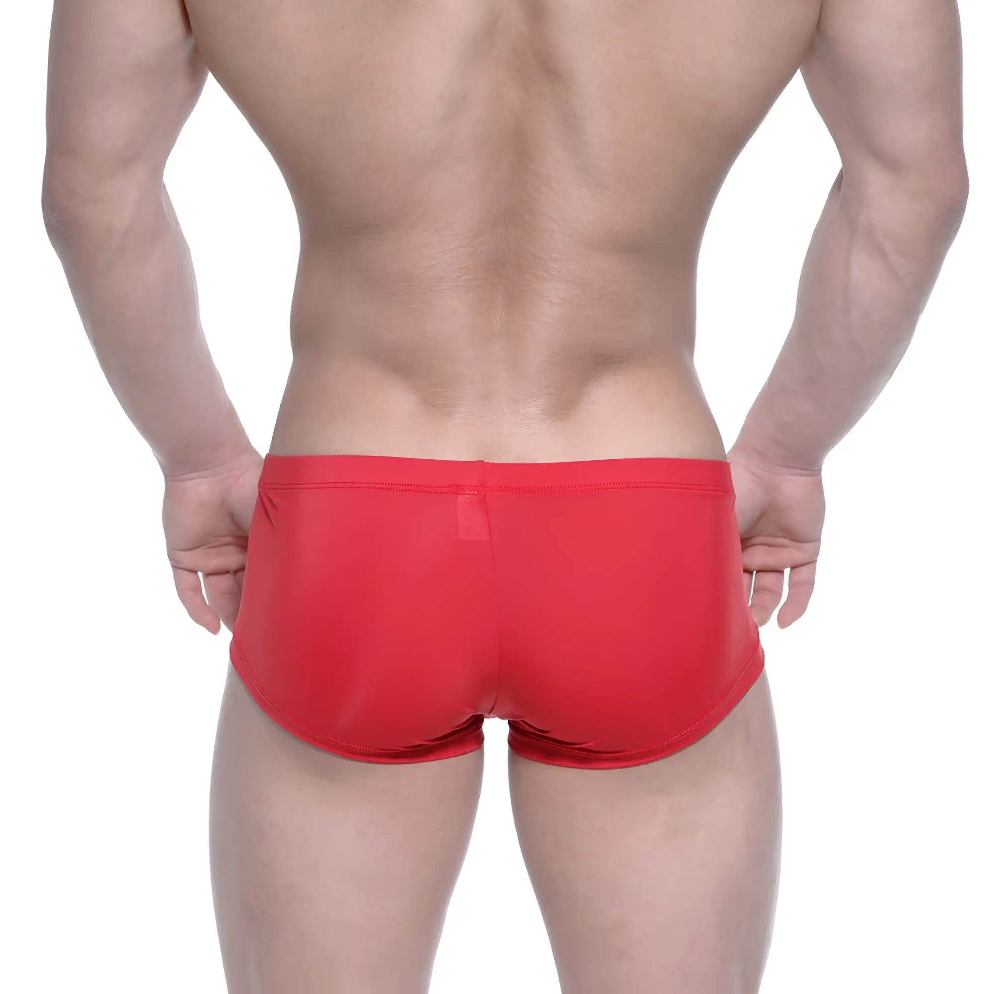 Red form-fitting swim trunks metro male wear oscar boxer red 2125-12 with smooth stretchy fabric and small back pocket shown from back