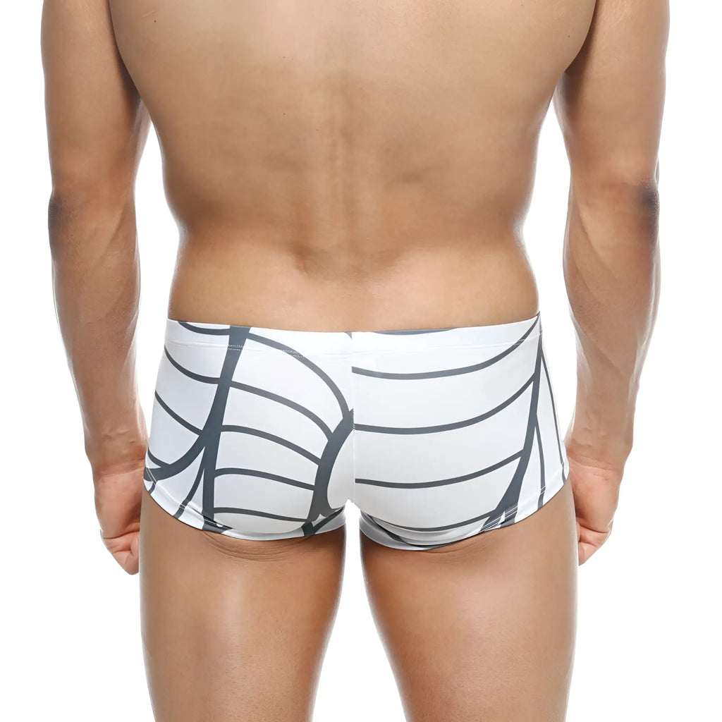 MetroMaleWear Oscar boxer swim trunks in white with bold black geometric ribcage pattern for stylish wear