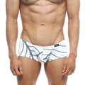 White swim trunks with bold gray abstract leaf pattern and black brand logo on waistband from metromalewear oscar boxer
