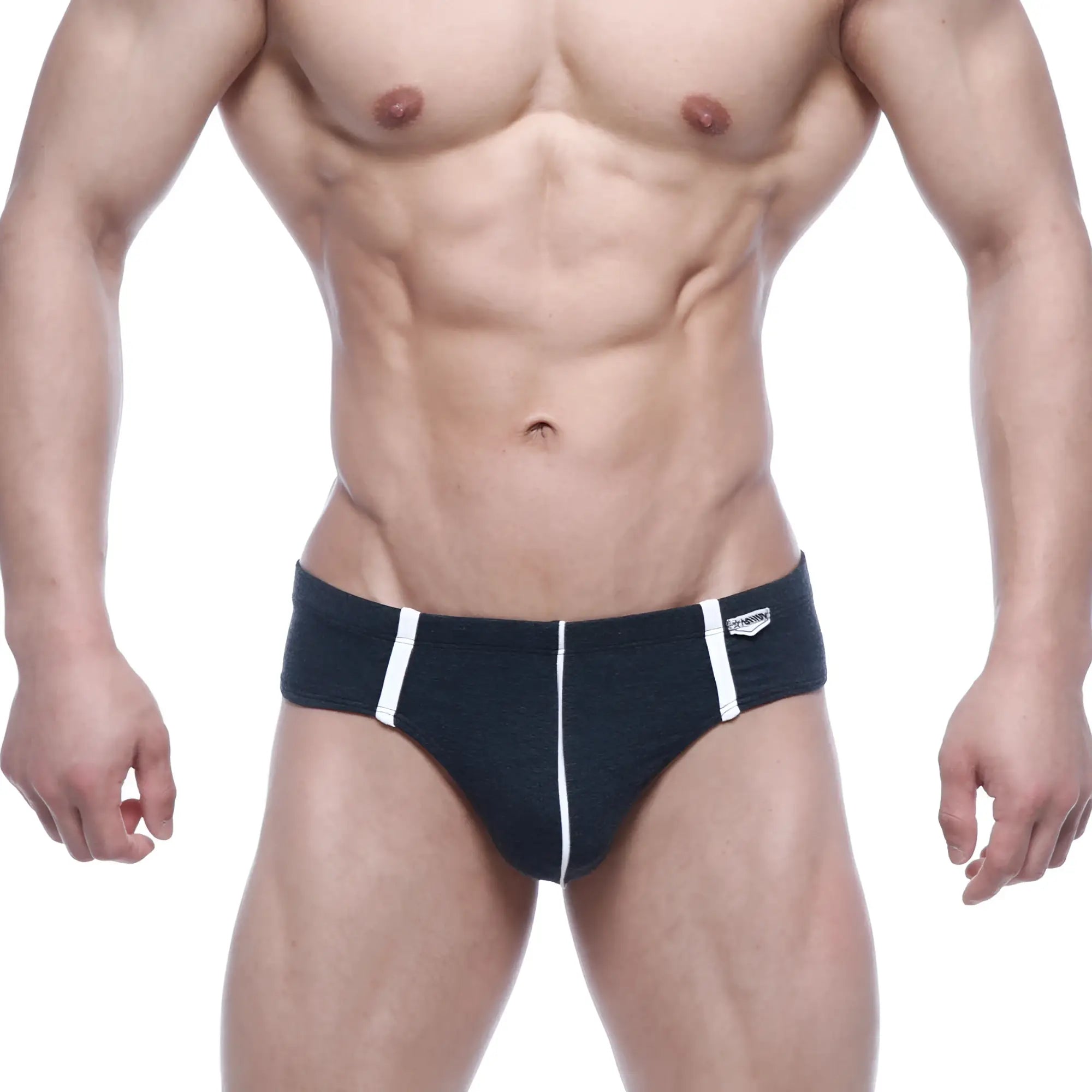 Black briefs with white side stripes and a small logo on waistband metro male wear oslo hip brief charcoal 5123-11