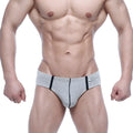 Gray heathered MetroMaleWear Oslo hip briefs with black trim and small brand tag on the waistband