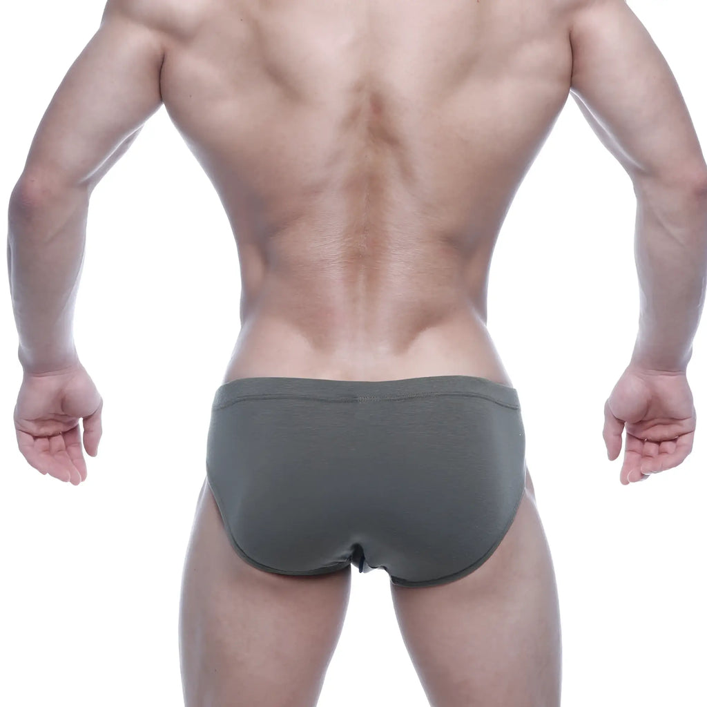 Olive green cotton briefs metroMalewear oslo hip brief 5123-26 showing front side with comfortable fit