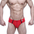 Red MetroMaleWear Oslo hip brief with black side stripes and a white brand tag on the waistband designed for athletic use