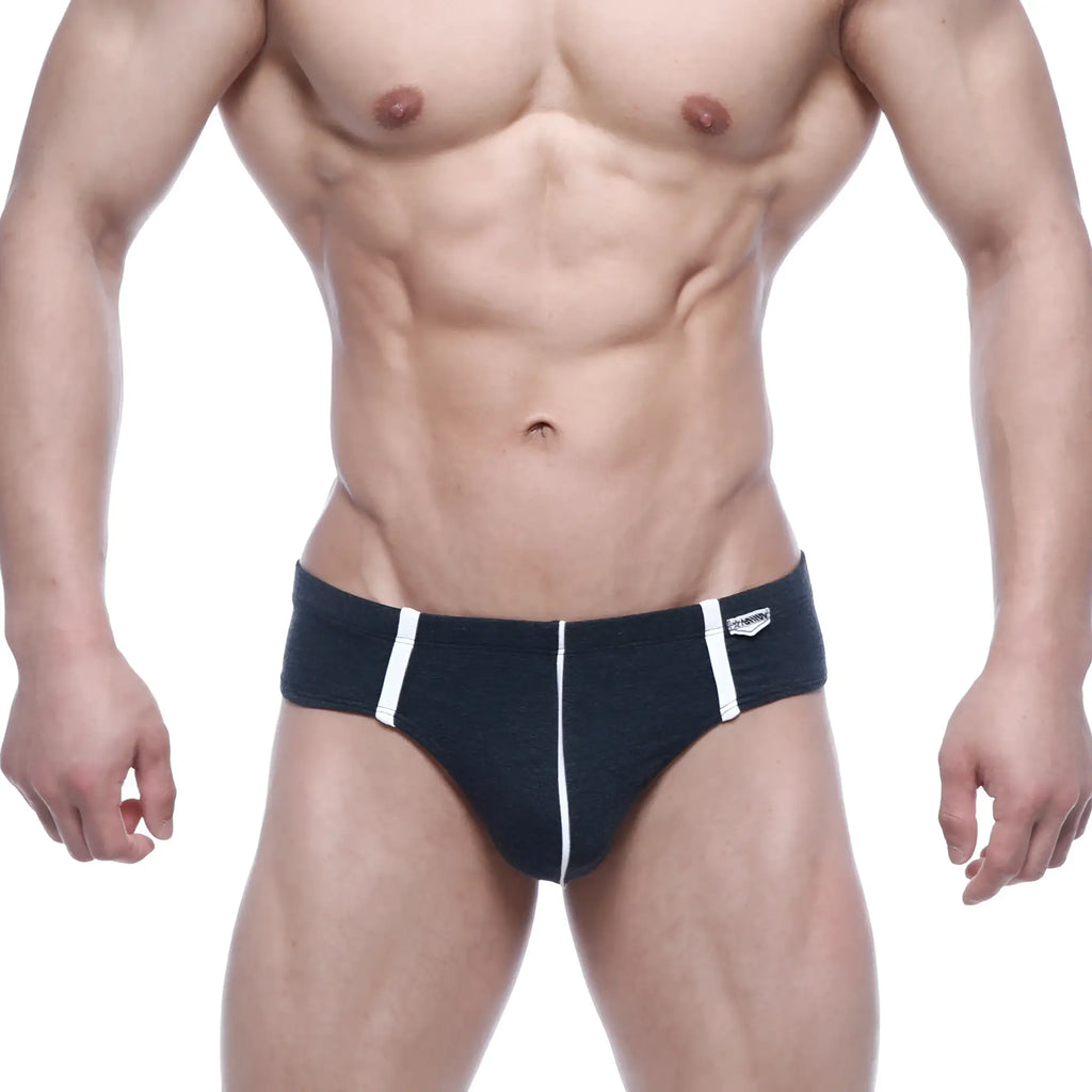 MetroMaleWear Oslo thong charcoal 5102-11 black briefs with white side stripes and small logo on waistband front view