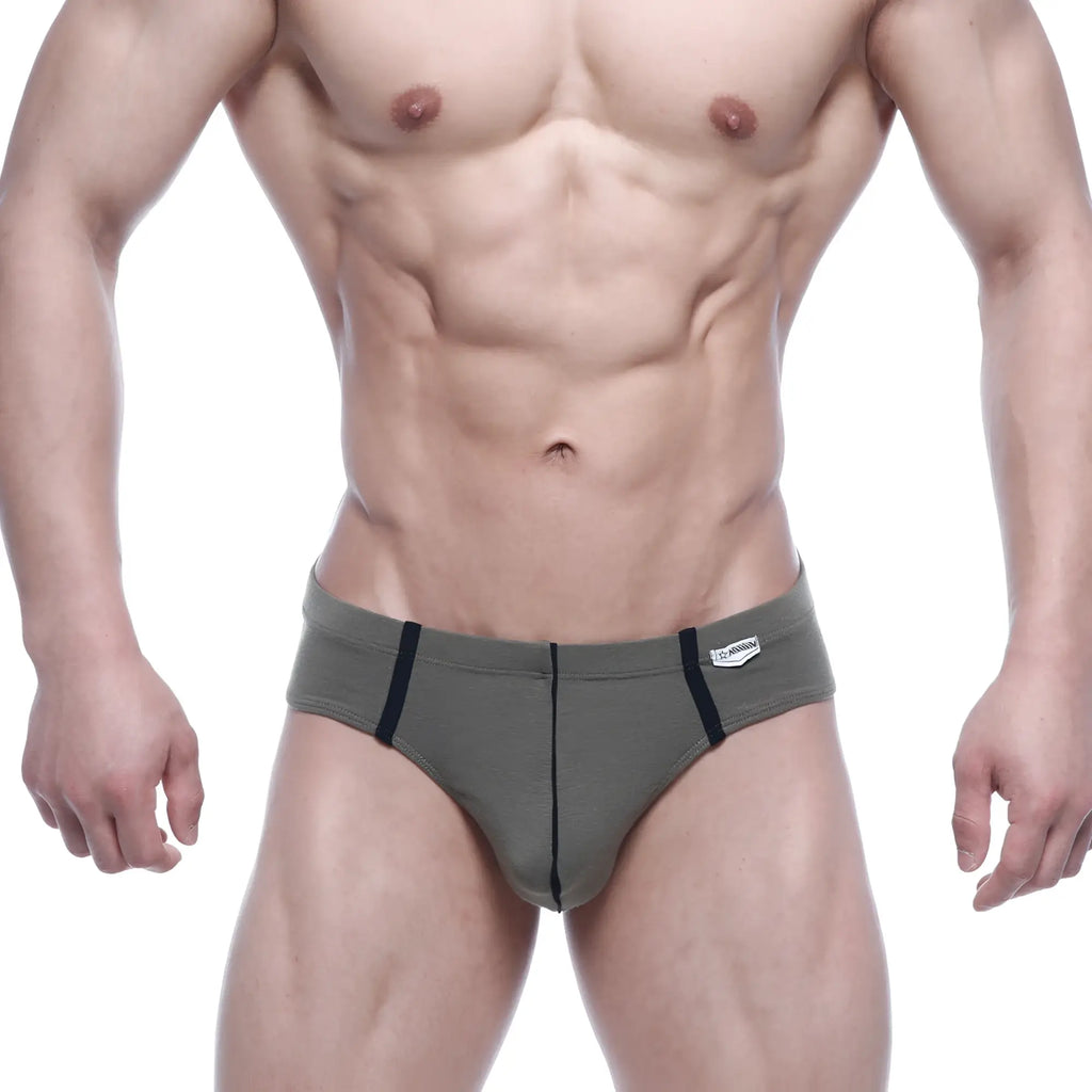 Olive green metro male wear oslo thong with black side stripes and white brand tag on waistband in briefs style