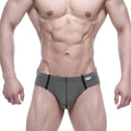 Olive green metro male wear oslo thong with black side stripes and white brand tag on waistband in briefs style