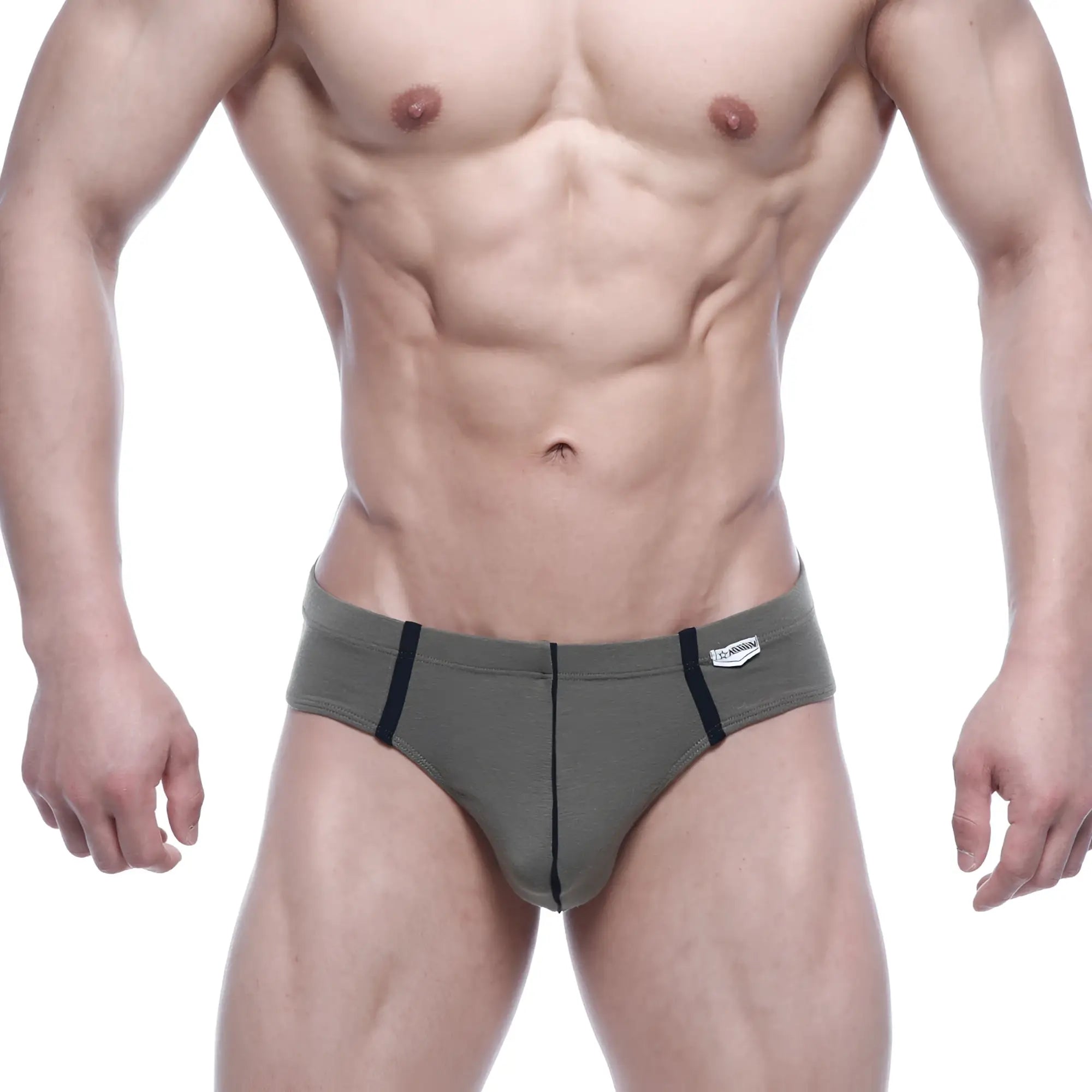 Olive green metro male wear oslo thong with black side stripes and white brand tag on waistband in briefs style