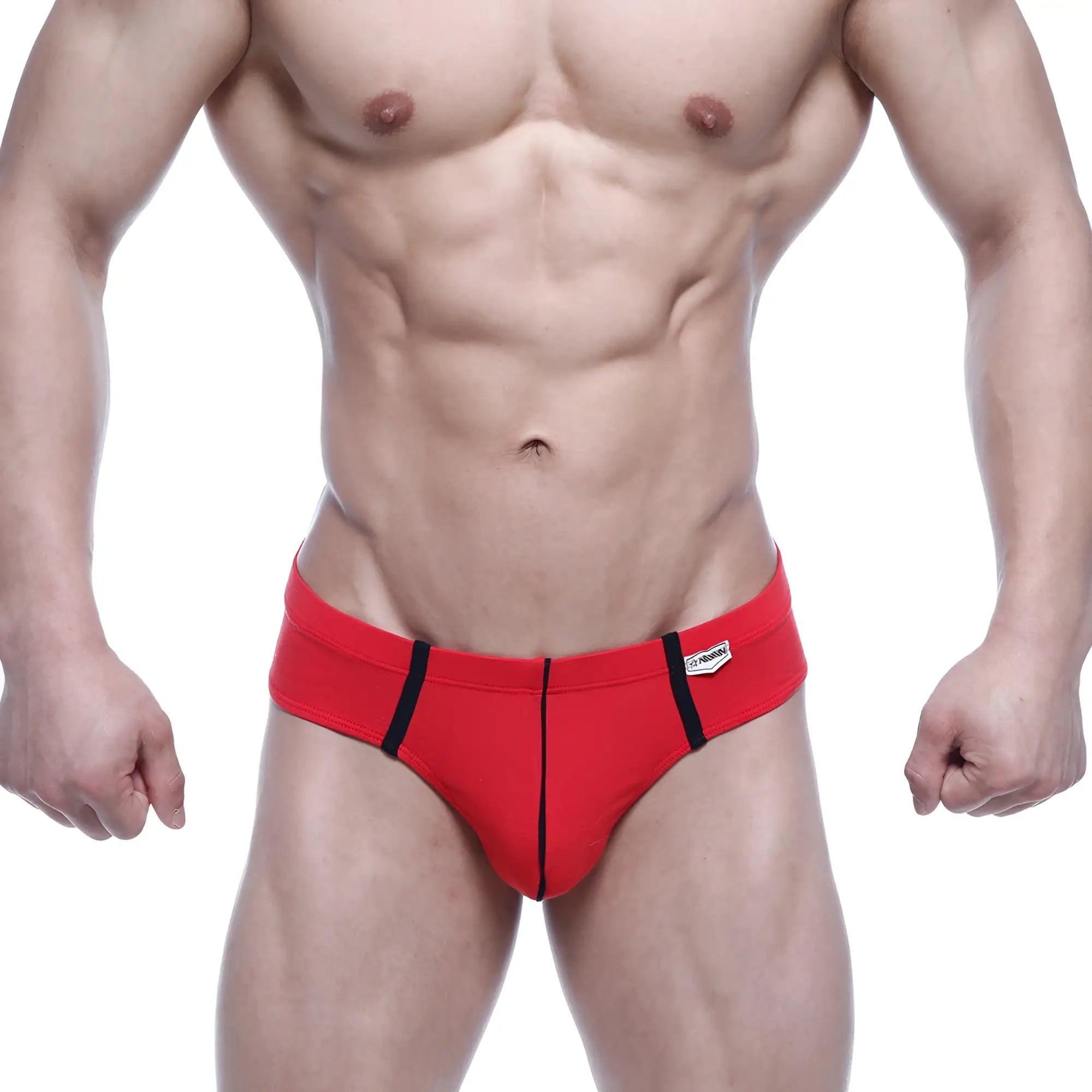 Red athletic briefs with black side stripes and white brand tag on waistband from MetroMaleWear Oslo Thong 5102-12