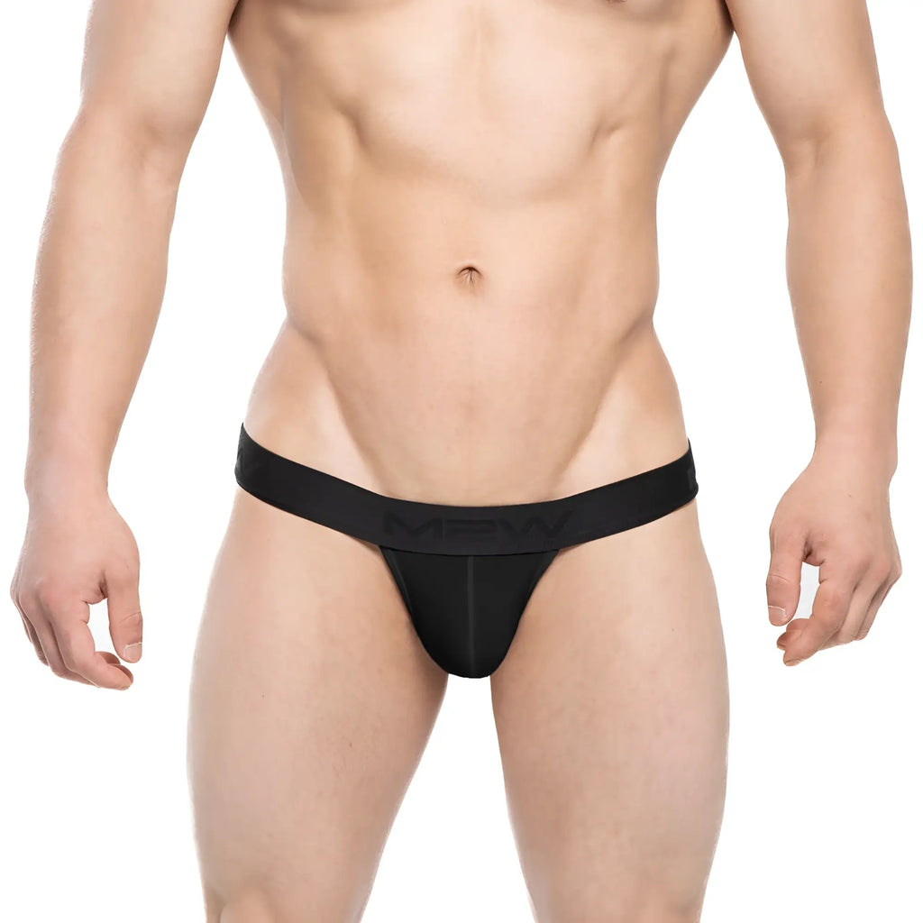 Black men’s thong with narrow waistband featuring metroMalewear brand name in subtle lettering ostion bikini black 3005-20