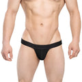 Black men’s thong with narrow waistband featuring metroMalewear brand name in subtle lettering ostion bikini black 3005-20