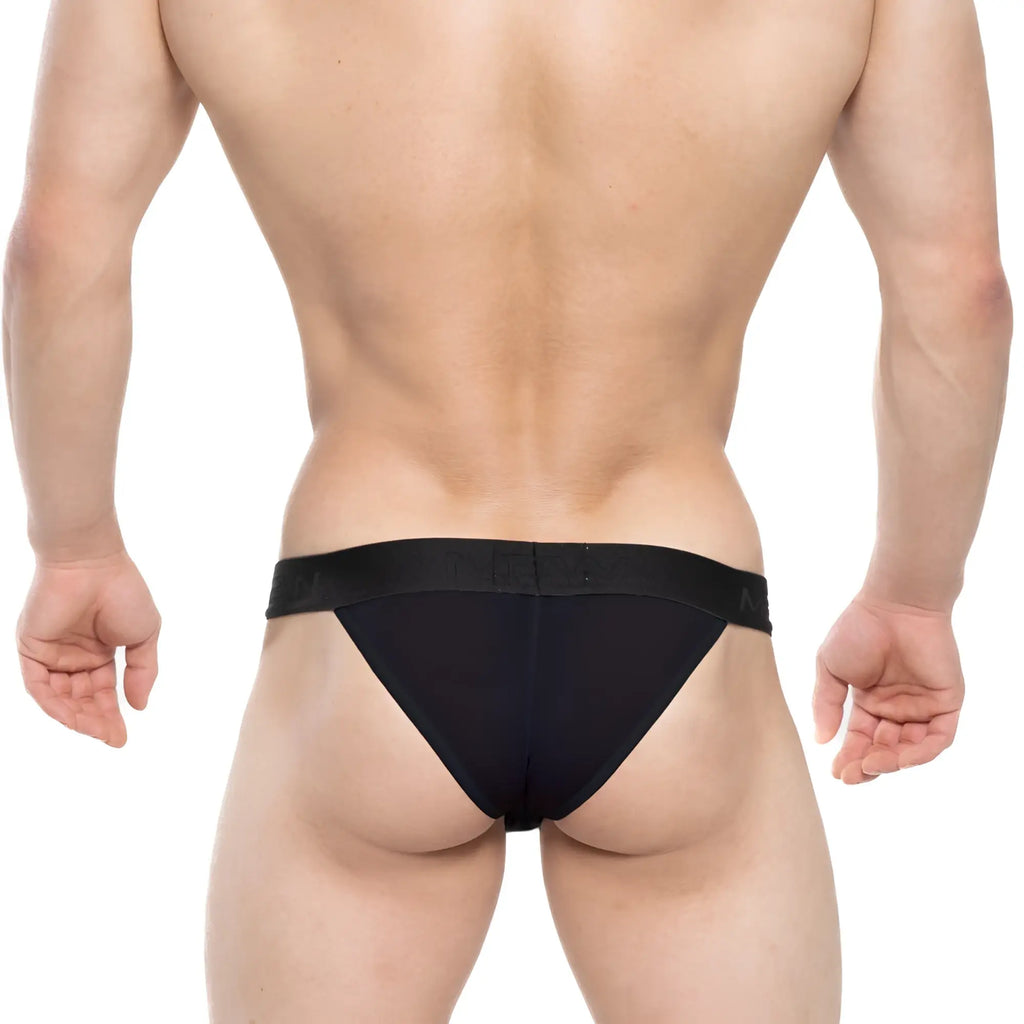 Black MetroMaleWear Ostion Bikini 3005-20 briefs with smooth stretchy fabric and elastic waistband shown from the back