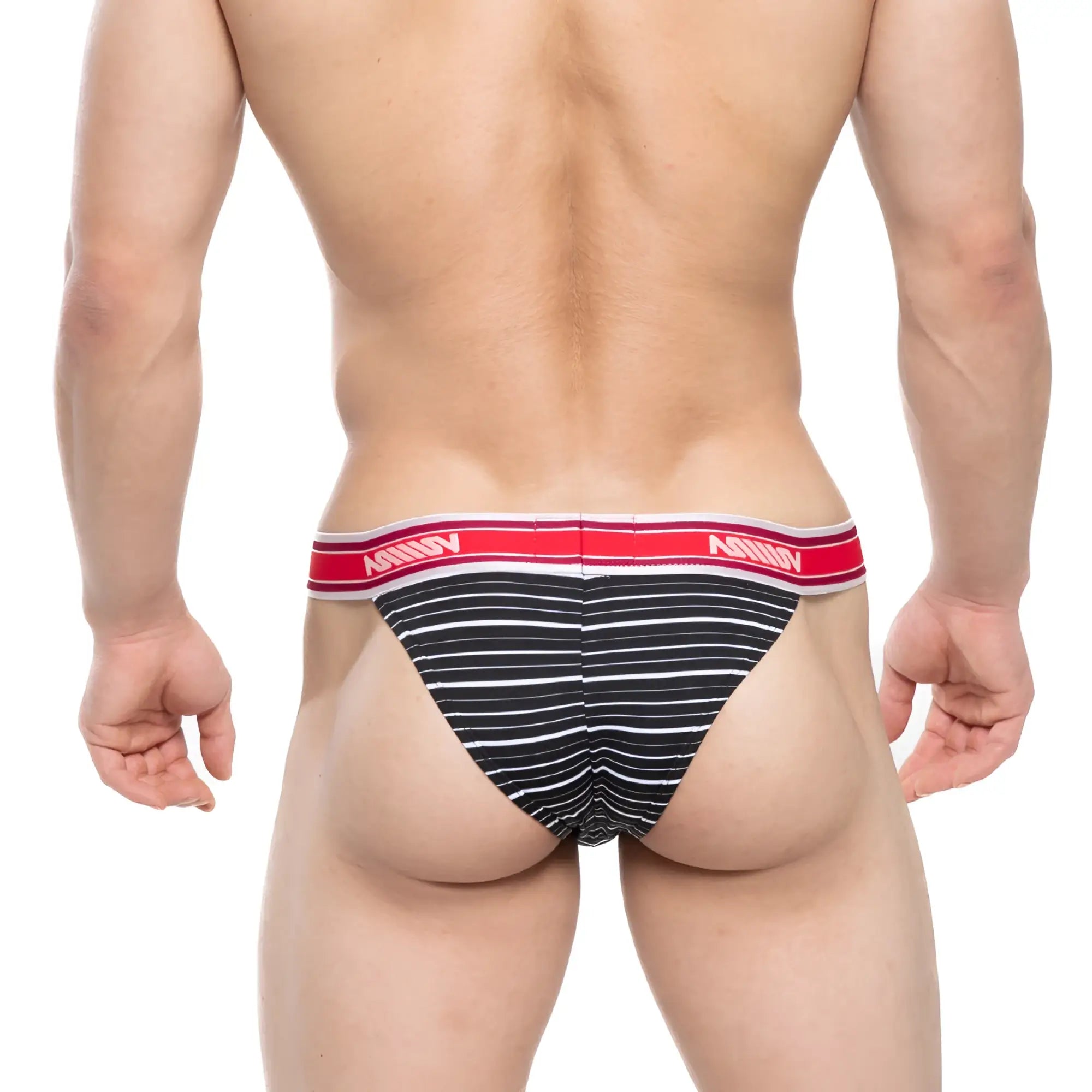 Black and white striped men’s briefs with red amin waistband from metromalewear ostion bikini stripe 3005-40 collection