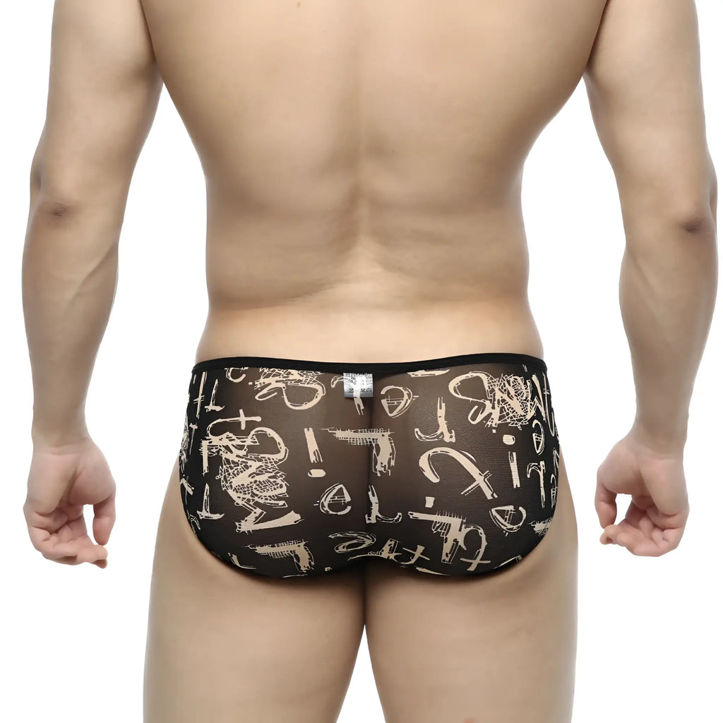 Black sheer mesh briefs by MetroMaleWear featuring bold white graffiti style lettering and symbol pattern