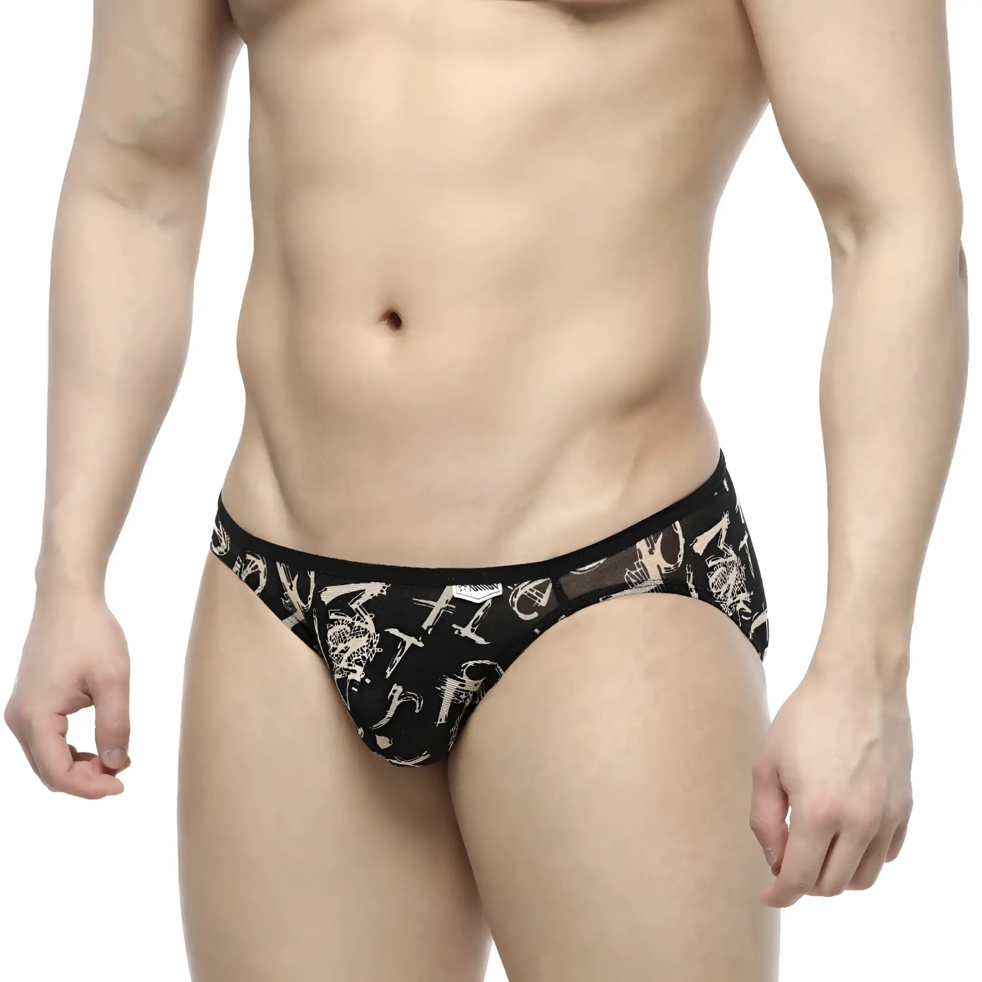 Black MetroMaleWear Over-Limit Bikini briefs with white graphic pattern and sheer mesh detailing front view