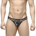 MetroMaleWear over-limit bikini briefs in black and gray camouflage mesh with a solid black waistband