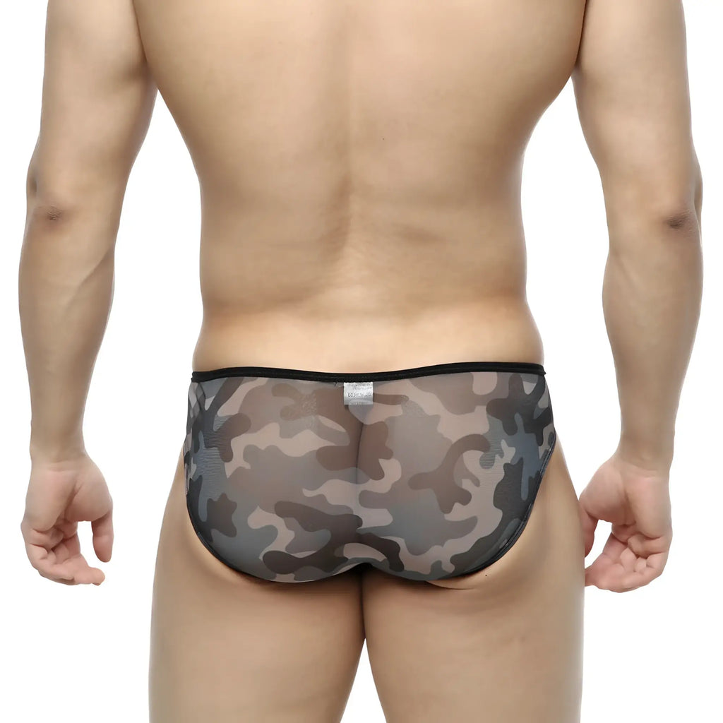 MetroMaleWear over-limit bikini briefs in gray and black camouflage sheer mesh with a solid black waistband