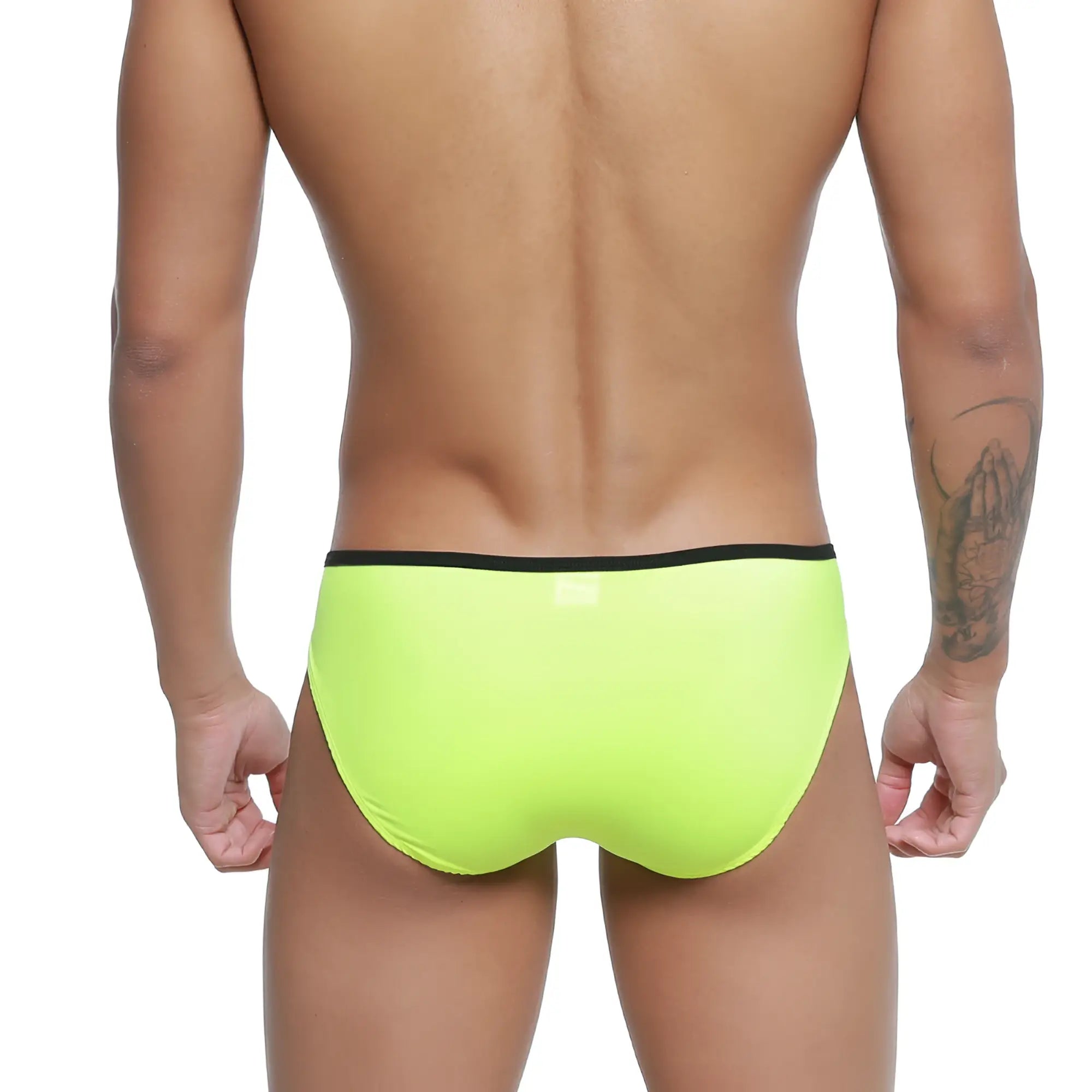 Bright neon green swim trunks with a black waistband from MetroMaleWear Over-Limit Bikini 2206-07 for swimming use