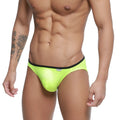 MetroMaleWear over-limit bikini neon green swim trunks with a glossy finish and black waistband front view