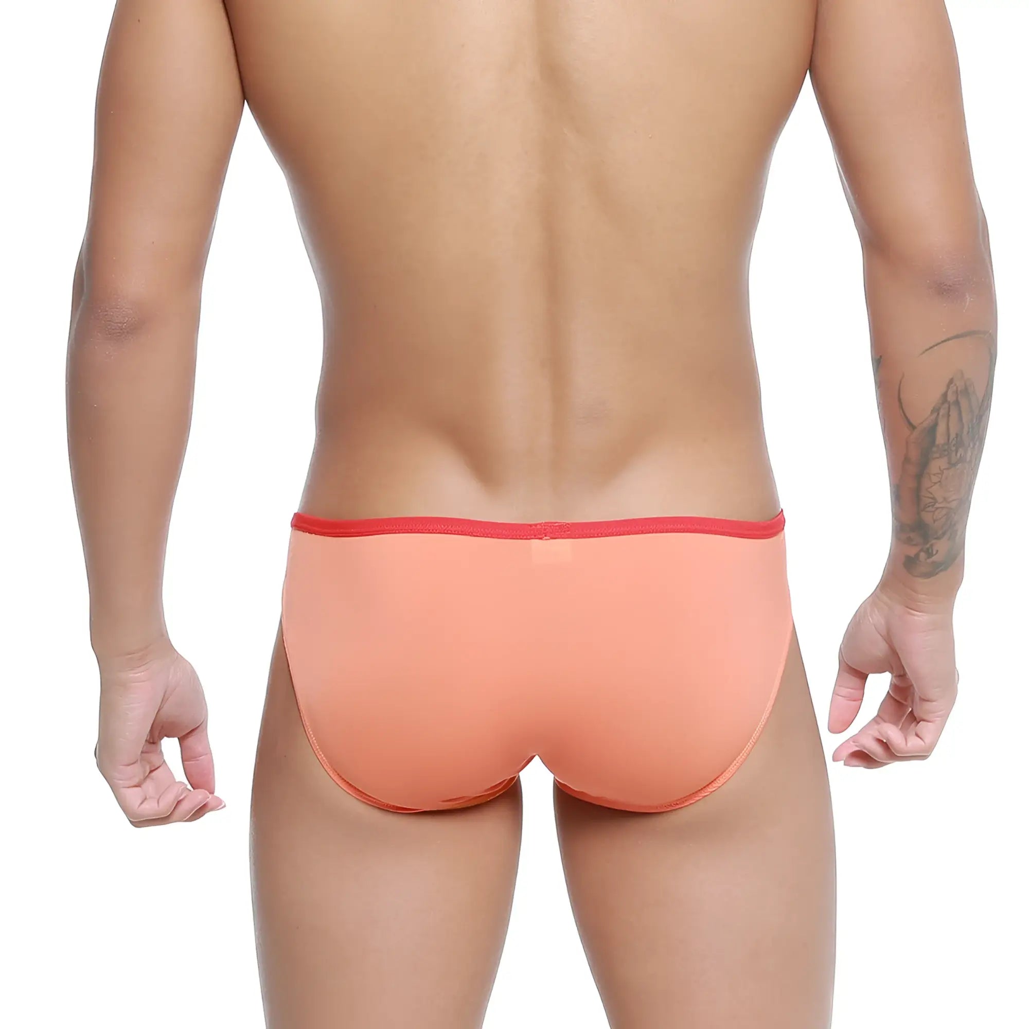 Metro male wear over-limit bikini briefs in coral with red elastic waistband designed for comfortable daily wear