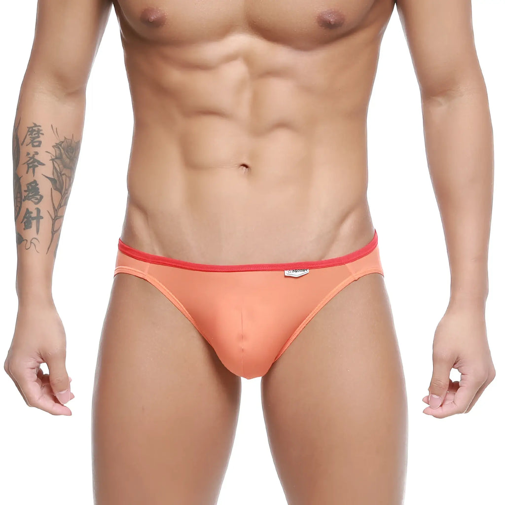 Orange briefs with red waistband and small white logo on front from metromalewear over-limit bikini 2206-14