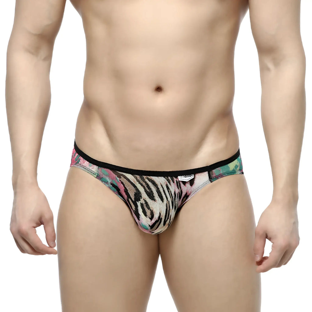 Men’s brief metro male wear over-limit bikini orange 2206-79 with vibrant pink green and black tiger stripe pattern on beige