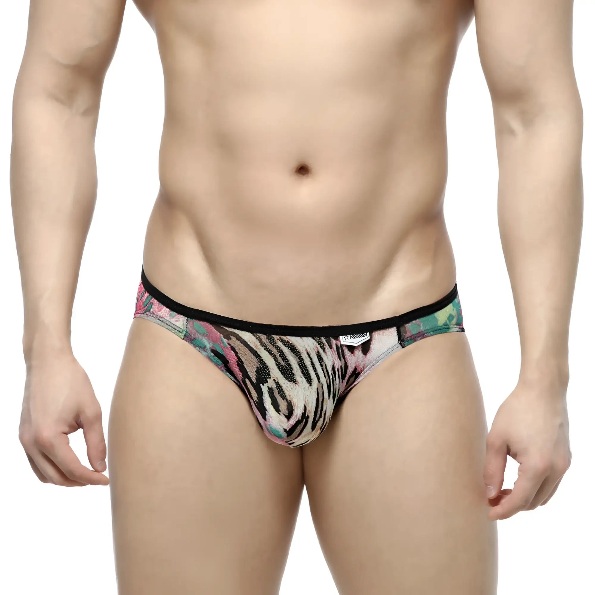 Men’s brief metro male wear over-limit bikini orange 2206-79 with vibrant pink green and black tiger stripe pattern on beige