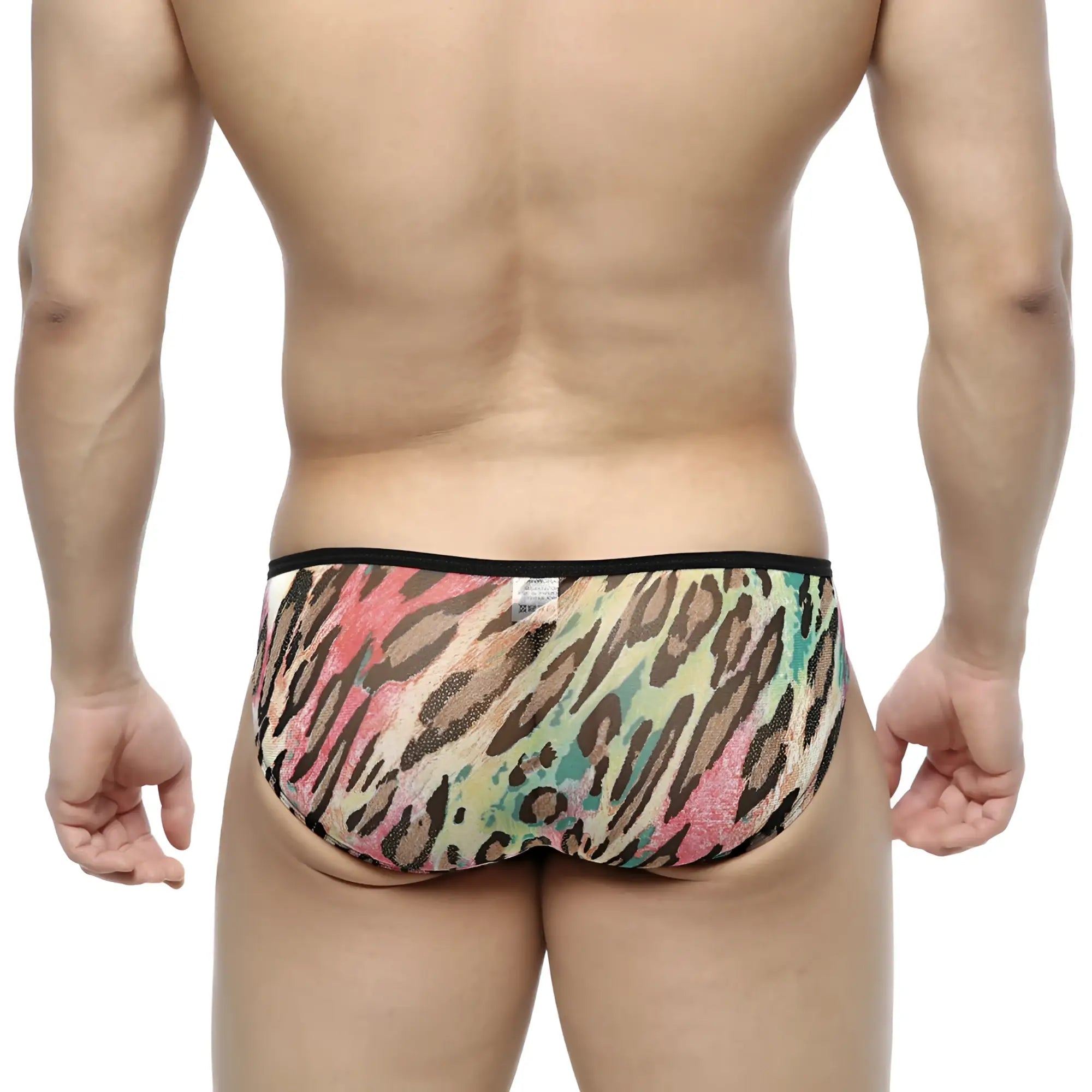 Multicolored leopard-print metro male wear over-limit bikini briefs with black waistband in orange 2206-79 design