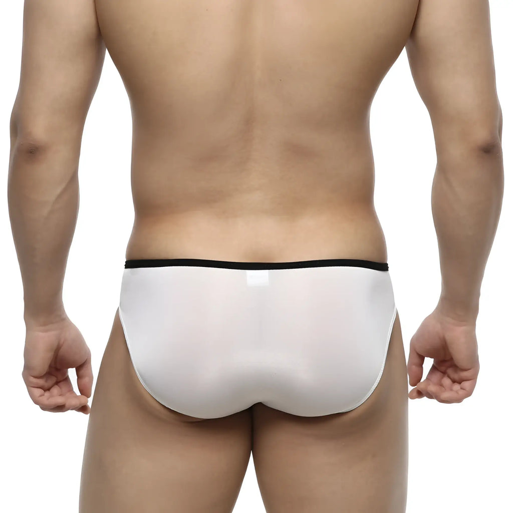 White sheer briefs with black waistband by metromalewear over-limit bikini 2206-00 showing front side view