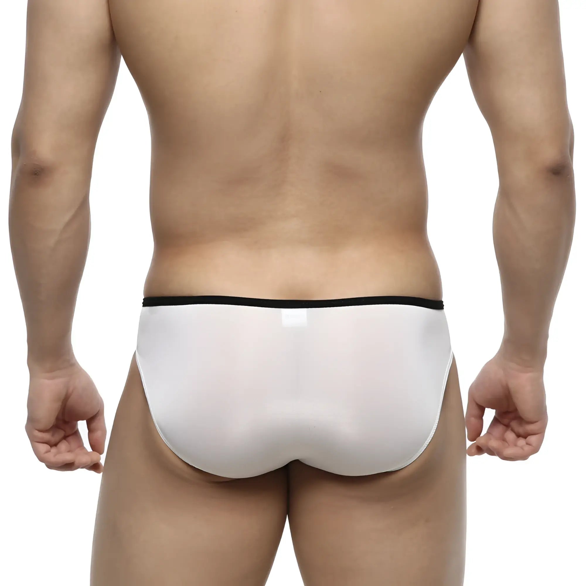 White sheer briefs with black waistband by metromalewear over-limit bikini 2206-00 showing front side view