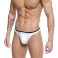 White glossy mens thong with black elastic waistband and small logo front metroMalewear over-limit thong 2262-00